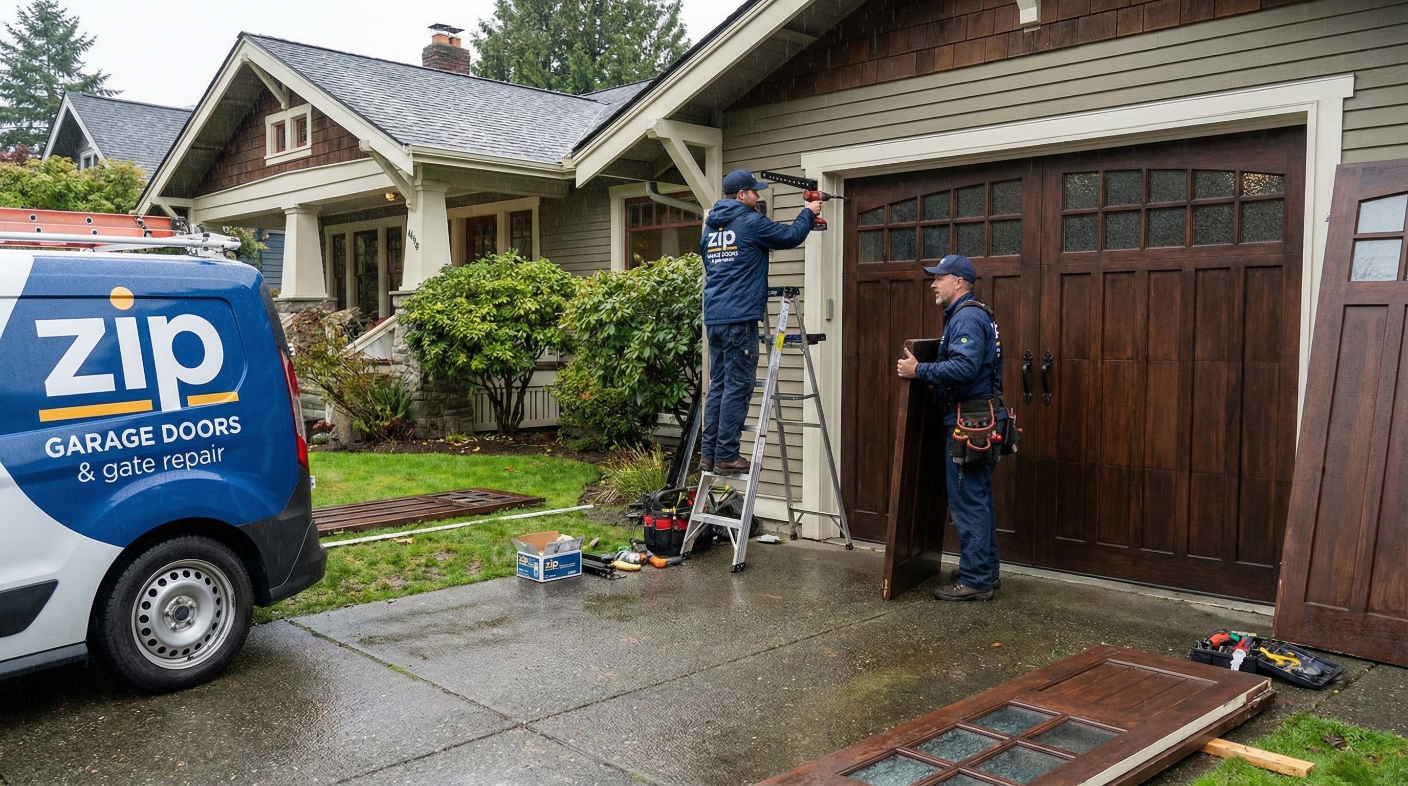 Technician Repairing Wooden Garage Door Frame and Tracks.jpg in Everett, WA